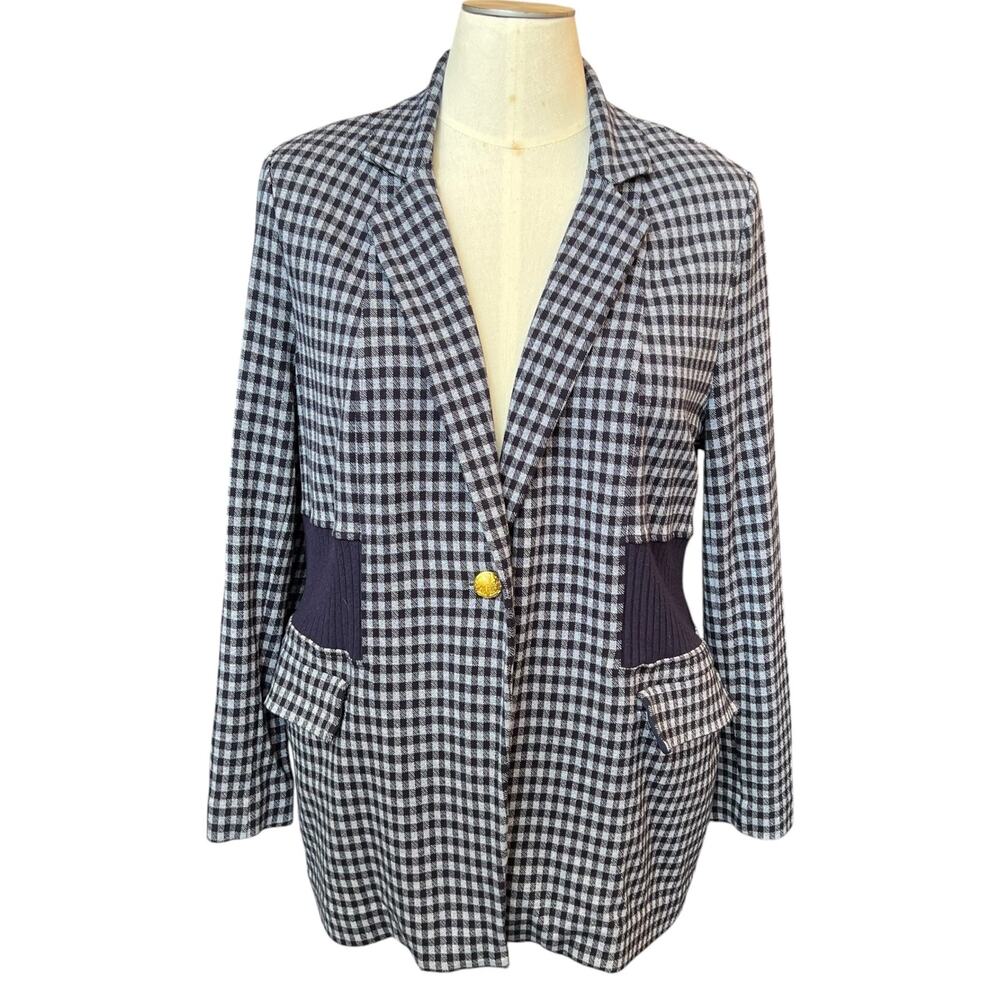 CAbi XXL Blue Gingham Knit Blazer Jacket Stretch One Button Career Women